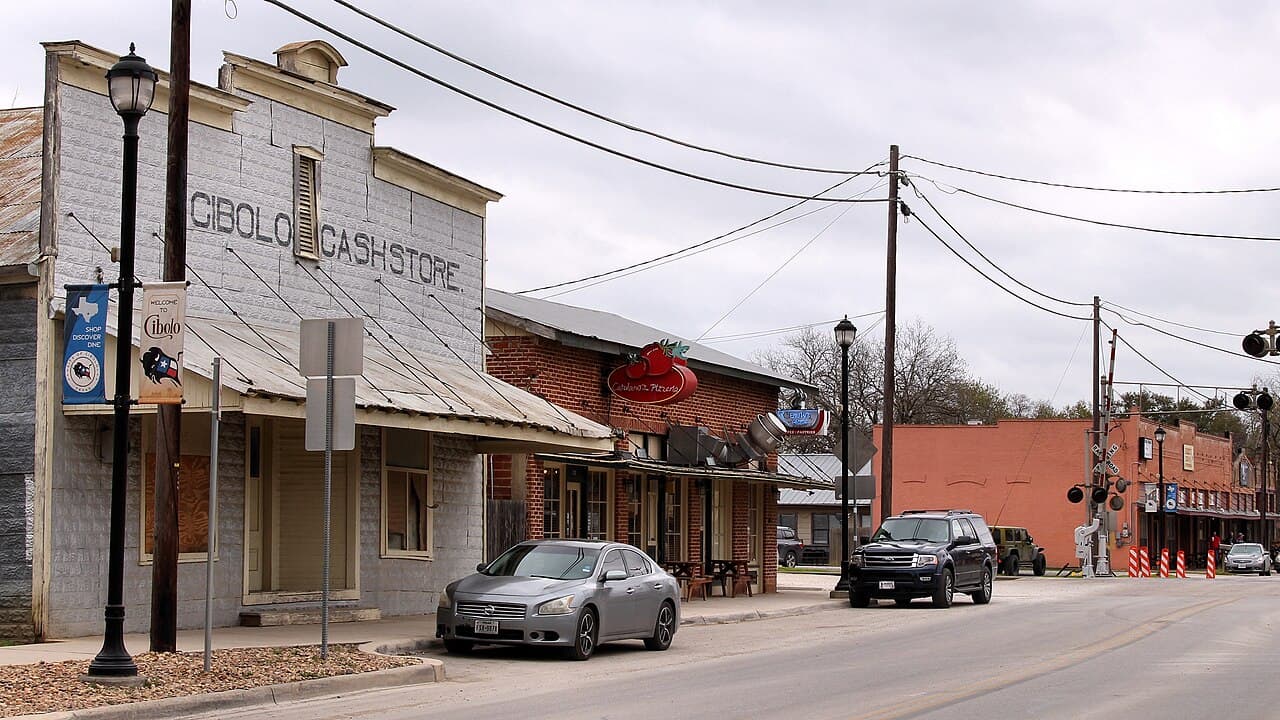 Main Street storefronts and small-town streetscape in Cibolo